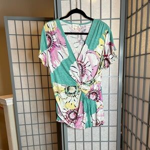 Anthropologie Deletta Floral V-Neck Top - Sea Foam Green, Pink, Yellow